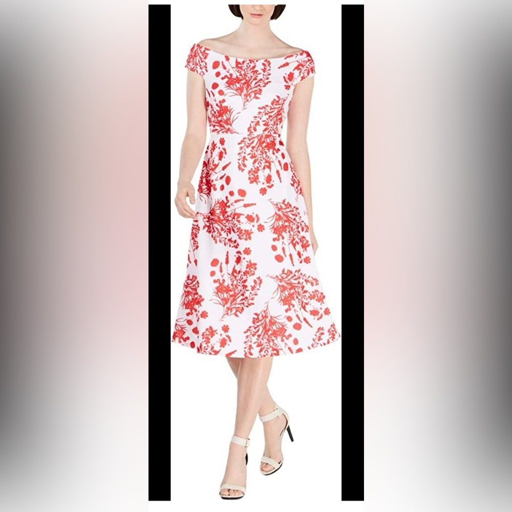 Calvin Klein Women's Off The Shoulder a Line Midi Dress white and red